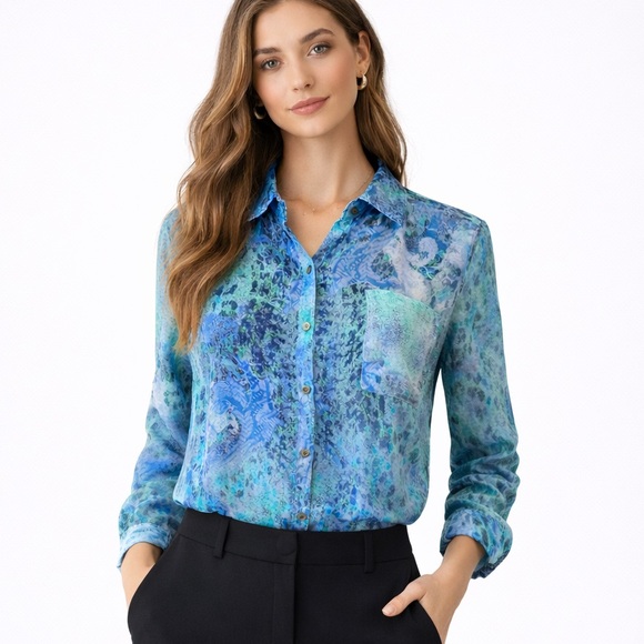Hilton Hollis Tops - Hilton Hollis Silk Blue Watercolor Top